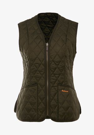 Colete acolchoado em verde escuro, com fecho à frente, dois bolsos frontais e detalhe do logótipo em laranja. Design sem mangas com um corte moderno.
