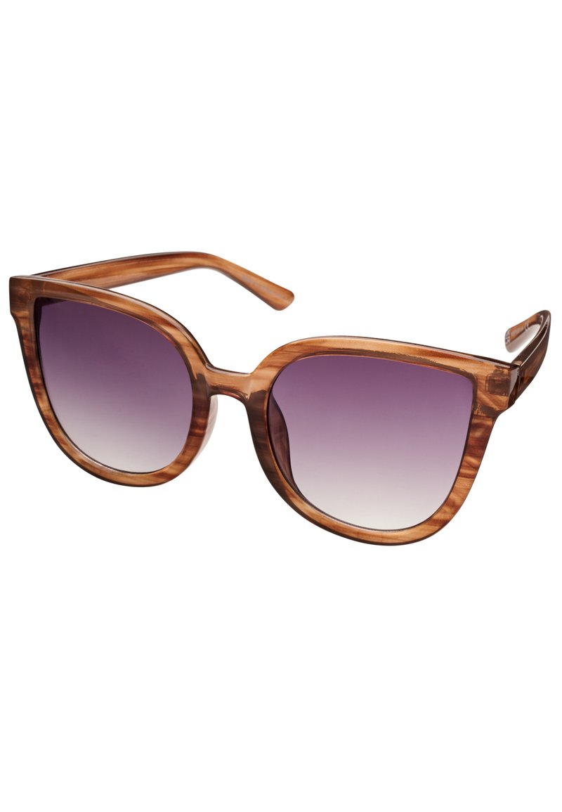 Hnědé želvovinové sluneční brýle s robustním rámem, mírně větší velikosti, vybavené postupně zbarvenými fialovými skly a přímými nohami s hladkým povrchem.