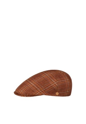 Brown plaid flat cap with a small round gold emblem on the side, shown on a white background.
