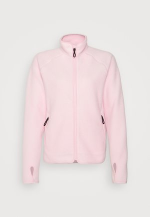 Polarowa kurtka zapinana na zamek w jasnoróżowym kolorze, z wysokim kołnierzem, bocznymi kieszeniami i otworami na kciuki. Miękka tekstura i dopasowany krój.