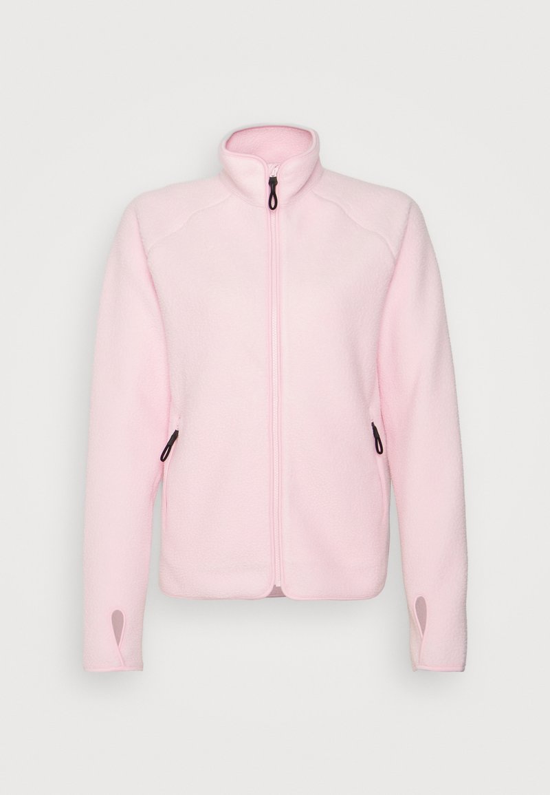 Fleeceová bunda na zip v světlé růžové barvě s vysokým límcem, bočními kapsami a otvory na palce. Měkká textura a přiléhavý design.