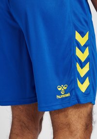 Blå idrottsshorts med en slät textur, gult zigzag-mönster på sidan och en gul logotyp vid den nedre fållen.