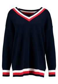 Marineblauer Pullover mit V-Ausschnitt und einem gestreiften Kragen in Rot, Weiß und Marineblau. Lockere Passform mit langen Ärmeln und kontrastierenden gestreiften Säumen.