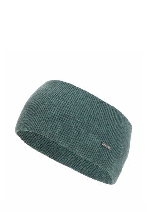 Grünes geripptes Strick-Stirnband für kaltes Wetter mit einem kleinen Metallmarkenlabel an der Seite vor weißem Hintergrund.