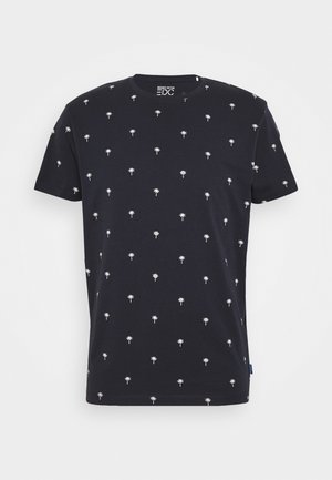 Schwarzes kurzärmeliges Baumwoll-T-Shirt mit kleinen weißen Palmenmustern, die über den Stoff verteilt sind.