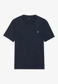 Mørkeblå bomulds-T-shirt med rund hals, korte ærmer og et lille guld fuglelogo på venstre bryst. Glat tekstur, afslappet pasform.