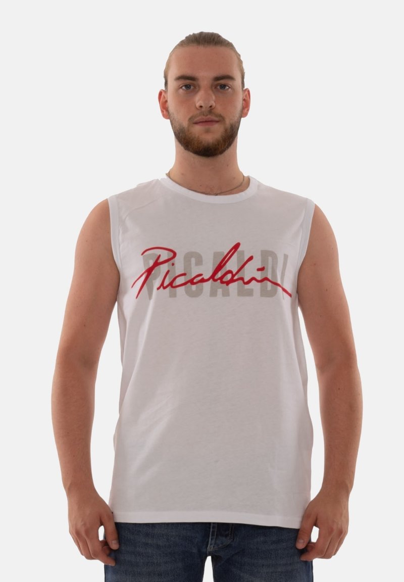 White sleeveless shirt featuring a large logo in red script and gray block letters. Made of cotton with a smooth texture.