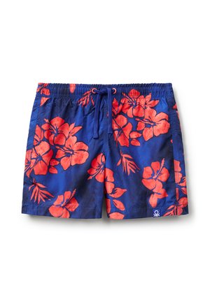 Shorts de bain bleu marine avec un motif floral rouge vif, taille élastique avec cordon de serrage, et patch logo dans le coin inférieur droit.