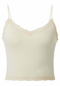 Crèmekleurige camisol met kantafwerking en dunne schouderbandjes. Zachte stof, aansluitend ontwerp, gegolfde kantranden bij de halslijn en de zoom.