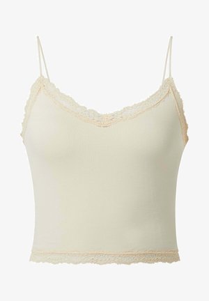 Lace'ga ääristatud kreemivärvi kampsun õhukeste rihmadega. Pehme kangas, keha ligidalt järgnev disain, lainelised pitsääred kaeluses ja servas.