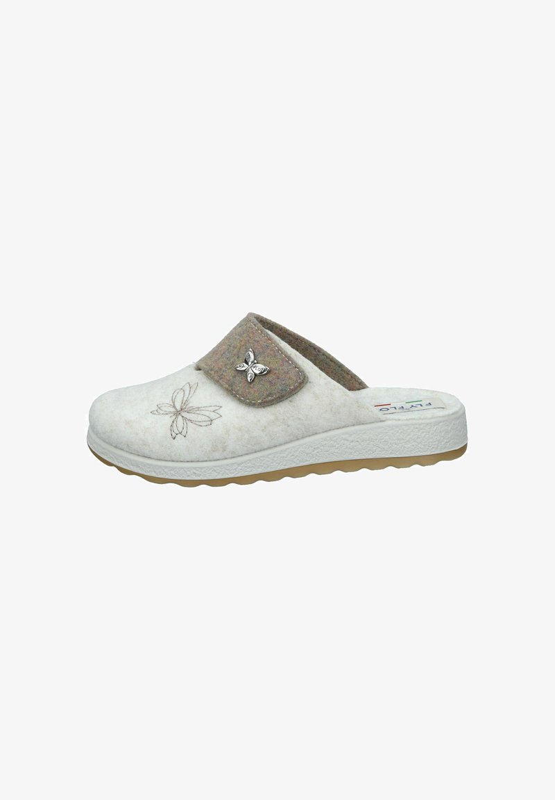 Felt slip-on clog in light cream with a textured gray accent. Features embroidered butterfly design and silver-tone hardware on the flap.