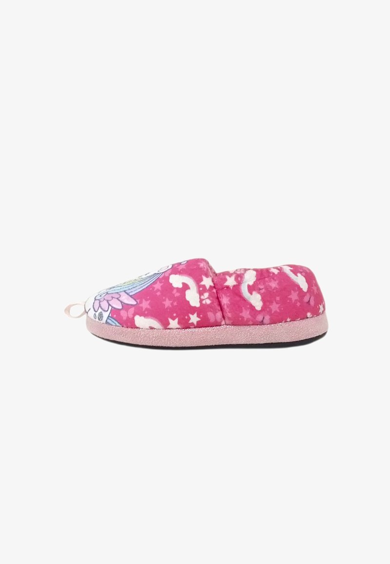 Pantofole rosa per bambini con motivo di unicorni, stelle e nuvole, suola morbida e testurizzata, e piccolo anello sul tallone.