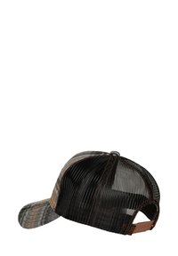 Baseball cap featuring a black mesh back, gray camo front, curved brim, and an adjustable brown leather strap at the back.