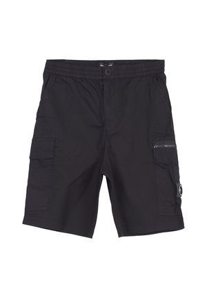 Short cargo noir longueur genou avec taille élastique, fermeture par bouton, poches latérales et poche zippée sur la jambe droite.