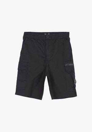 Czarne spodenki cargo do kolan z elastycznym pasem, zapięciem na guzik, bocznymi kieszeniami i kieszenią na zamek po prawej stronie nogawki.