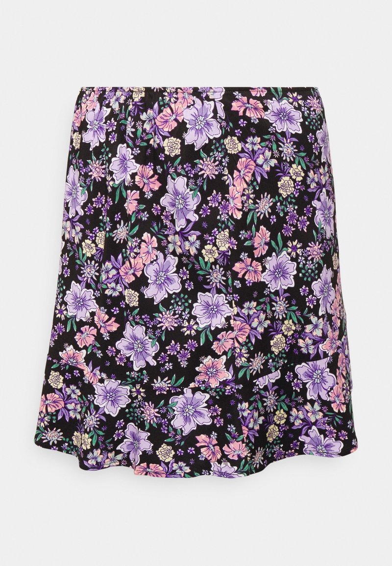 Jupe florale en tissu noir, ornée de fleurs violettes, roses et vertes. Taille élastique, ourlet évasé et texture légère.