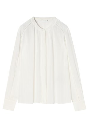 Hvid langærmet bluse med rund krave, lodrette plisseringer, knoplukning og delikat blondedetail langs sømmene.