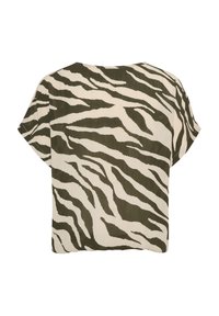 Koszula z krótkim rękawem w wzór zebry w kolorze oliwkowym i kremowym, wykonana z lekkiego materiału o luźnym kroju.