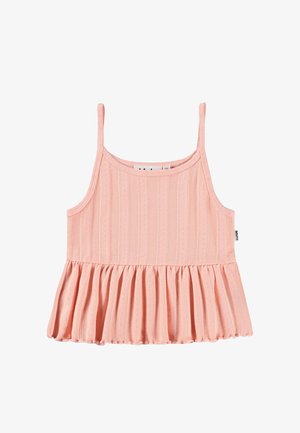 Roze gebreide mouwloze top met dunne bandjes en een gerafelde zoom, met verticale, getextureerde patronen over het geheel.