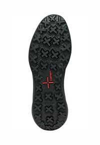 Suola di scarpa nera con un motivo di battistrada antiscivolo caratterizzato da croci in rilievo e indentazioni circolari. Testo "GRIP" rosso ben visibile e logo del marchio.