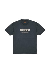 Dark gray short-sleeve T-shirt with crew neck and white text "REPRESENT AUTHENCITY" printed on the front center.