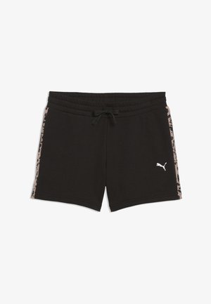 Shorts de sport noirs avec ceinture élastique et cordon de serrage, ornés de bandes latérales à imprimé léopard et d'un logo Puma blanc sur la jambe gauche.