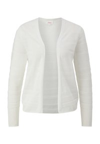 Weißer Cardigan aus leichtem, strukturiertem Stoff. Mit einem V-Ausschnitt, offener Vorderseite und langen Ärmeln mit horizontalen Streifen.
