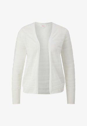 White cardigan made of lightweight, textured fabric. Features a v-neckline, open front, and long sleeves with horizontal stripes.
