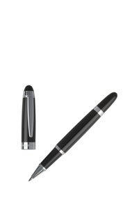 Black rollerball pen with a shiny finish, silver accents, and a rounded cap. Pen nib is exposed, showcasing a smooth design.
