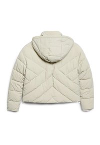 Chaqueta acolchada con capucha de un beige pálido vista desde atrás, con patrones de acolchado en forma de chevrón y dobladillos elásticos.