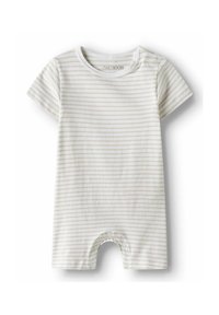 Pasiasty bodysuit z krótkim rękawem w kremowym i jasnobeżowym kolorze, wykonany z bawełny, z zapięciami na zatrzaski u dołu i okrągłym dekoltem.