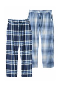 Deux paires de pantalons de pyjama à carreaux : l'une en bleu marine et bleu clair avec des rayures plus foncées, l'autre en bleu clair et blanc avec des carreaux discrets. Les deux disposent de ceintures élastiques.