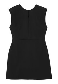 Abito nero senza maniche in tessuto texture, caratterizzato da un colletto arrotondato e una sottile cucitura posteriore, con una silhouette aderente e fondo svasato.