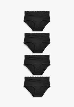 Černé bavlněné kalhotky s krajkovým lemem na pasu, s hladkou texturou a klasickým vysokým pasem. Zobrazeny čtyři kusy.