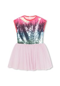 Sequin dress featuring pink and purple sequins on top, with a round neckline and short sleeves. The bottom is made of soft pink tulle.