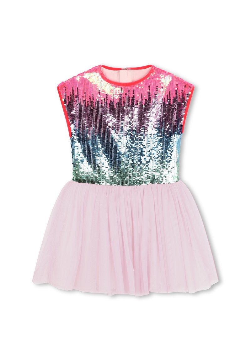 Sequin dress featuring pink and purple sequins on top, with a round neckline and short sleeves. The bottom is made of soft pink tulle.