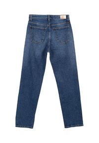 Jeans in denim blu con taglio dritto, cinque tasche e un'etichetta sulla vita. Il tessuto presenta una trama texturizzata.