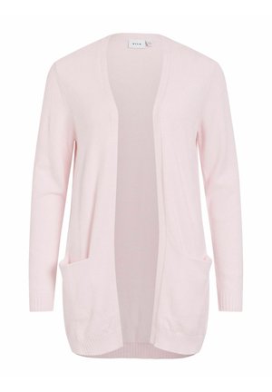 Svetloružový otvorený kardigán s dlhými rukávmi a dvoma prednými vreckami, vyrobený z mäkkej pleteniny.