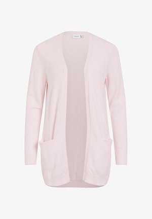 Gaiši rozā vaļēja kardigans ar garām piedurknēm un divām priekšējām kabatām, izgatavots no mīkstas adījuma auduma.