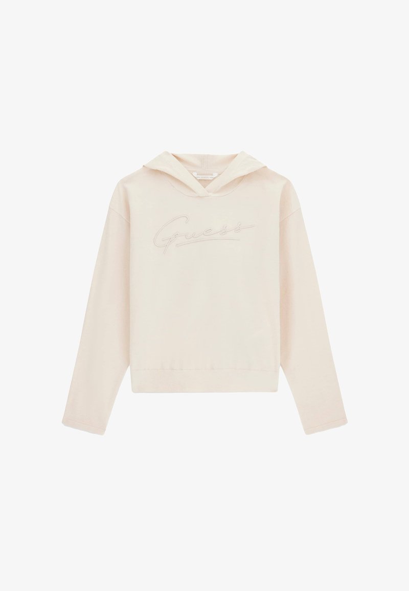 Felpa color crema con maniche lunghe e un logo "Guess" in rilievo sobrio sulla parte anteriore.
