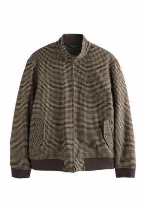 Brun houndstooth jakke med høj krave, lynlås foran, to sidelommer og ribbede manchetter og kant. Lavet af tekstureret stof.