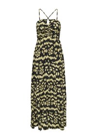 Vestido maxi sin mangas con estampado abstracto de animales en negro y amarillo, con cuerpo fruncido, escote con abertura y finas tirantes cruzados en los hombros.