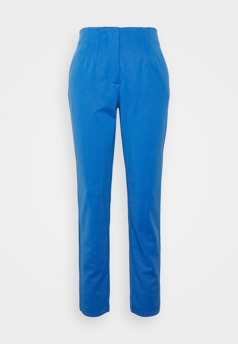 Blauwe broek met een slim fit, met een hoge taille, geplooide plooien aan de voorkant en een gladde textuur. Geen zichtbare zakken of versieringen.