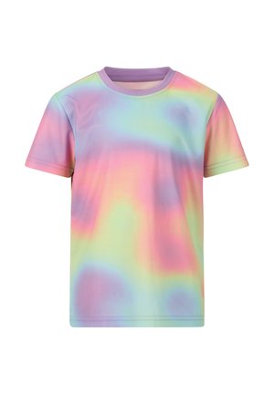 Kurzarm-T-Shirt im pastellfarbenen Batikmuster mit Schattierungen von Rosa, Blau und Grün. Hergestellt aus glattem Stoff mit Rundhalsausschnitt.