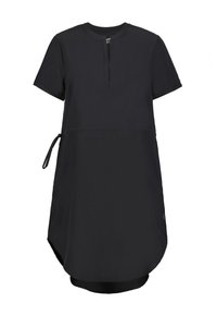Schwarzes Kurzarmkleid mit Rundhalsausschnitt und Knopfleiste; verfügt über einen verstellbaren Bindegürtel in der Taille und einen abgerundeten Saum.