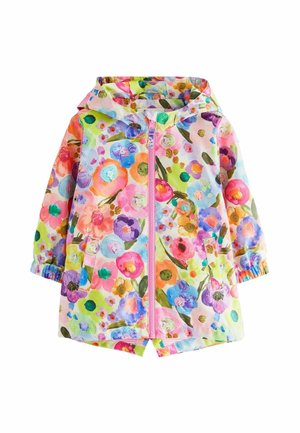 Imperméable à capuche pour enfants avec fermeture éclair frontale et motif floral multicolore dans des tons rose, violet, bleu, orange et vert.