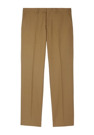 Lichtbruine pantalon met voorzakken, rechte pijpen, riemlussen en een plooi die over het midden van elke pijp loopt.