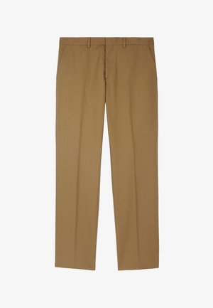 Lichtbruine pantalon met voorzakken, rechte pijpen, riemlussen en een plooi die over het midden van elke pijp loopt.