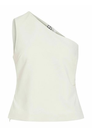 Haut blanc sans manches avec un décolleté asymétrique une épaule et une silhouette ajustée.