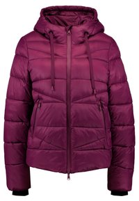 Giacca a vento viola con cappuccio, chiusura con zip e due tasche laterali. Presenta un design trapuntato e polsini a costine per un maggiore calore.